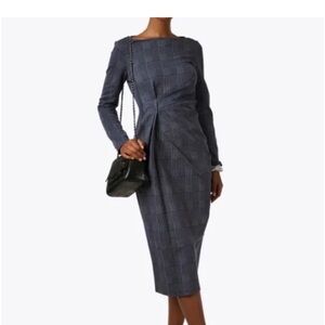 MaxMara Navy Plaid Long Sleeve Dress